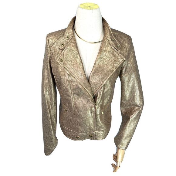 Anne Klein Gold Snakeskin Faux Leather Moto Jacket Size XS Zip - Picture 1 of 12